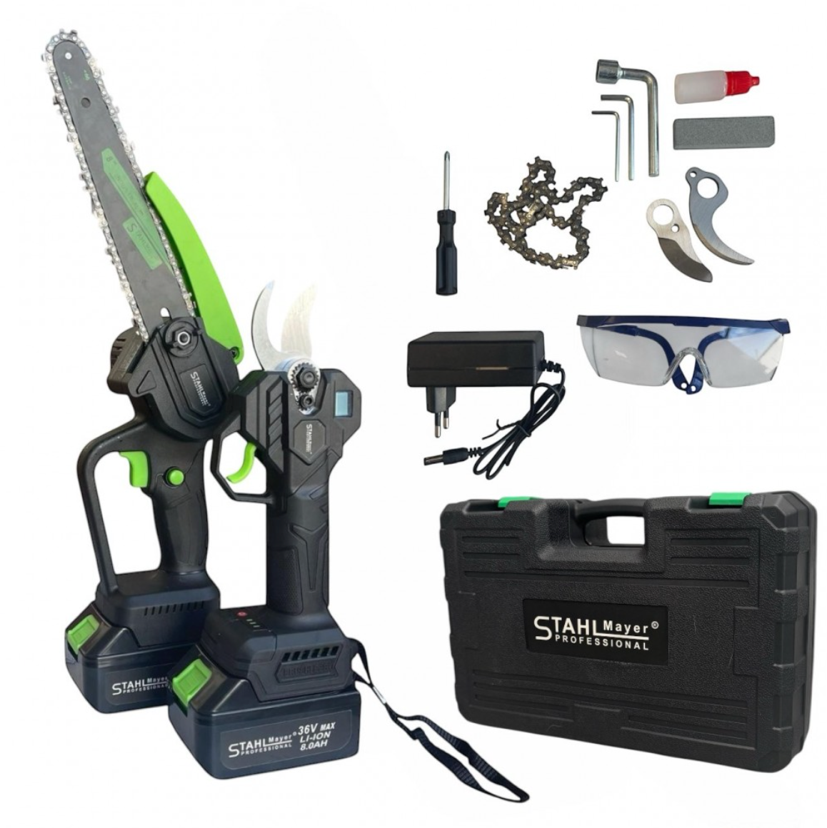 2в1 Акумулаторна Лозарска Ножица и Трион с Омасляване 36V 8AH STAHLMAYER BLACK