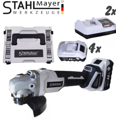 2В1 АКУМУЛАТОРЕН ЪГЛОШЛАЙФ 125ММ И БЕЗЖИЧЕН ГАЙКОВЕРТ-ВИНТОВЕРТ БЕЗЧЕТКОВ УДАРЕН 36V 8,0AH STAHLMAYER 4X БАТЕРИЯ 2 ЗАРЯДНО В КУФАР РАКЕТА