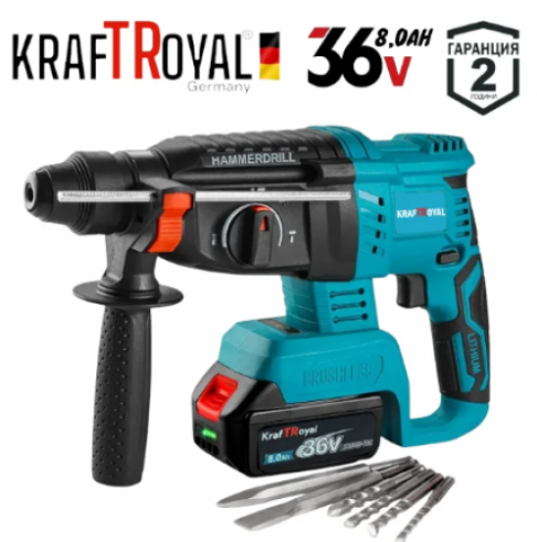 Акумулаторна Прожектор Лампа USB Перфоратор Винтоверт Гайковерт-Импакт и Ъглошлайф 36V 8,0AH KRAFTROYAL Комплект 5в1 с 3 Батерии