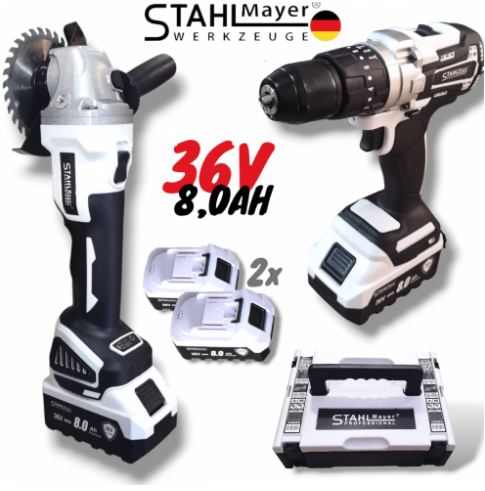 Акумулаторен Ъглошлайф 125мм и Акумулаторен Ударен Винтоверт 2в1 STAHLMAYER Метален Патронник 36V 8,0AH