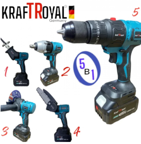 Мултифункционален Инструмент 5 Сменяеми Глави Винтоверт Гайковерт Саблен Трион Резачка за Клони и Ъглошлайф KRAFTROYAL 36V 8,0AH 5в1