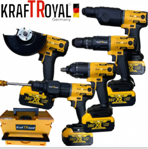 Мултифункционален Инструмент 5 Сменяеми Глави Водоструйка Винтоверт Гайковерт-Импакт Перфоратор и Ъглошлайф Акумулаторен KRAFT ROYAL 36V 8,0AH 2х Батерии 5в1