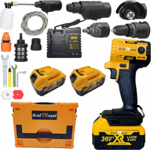 Мултифункционален Инструмент 5 Сменяеми Глави Водоструйка Винтоверт Гайковерт-Импакт Перфоратор и Ъглошлайф Акумулаторен KRAFT ROYAL 36V 8,0AH 2х Батерии 5в1