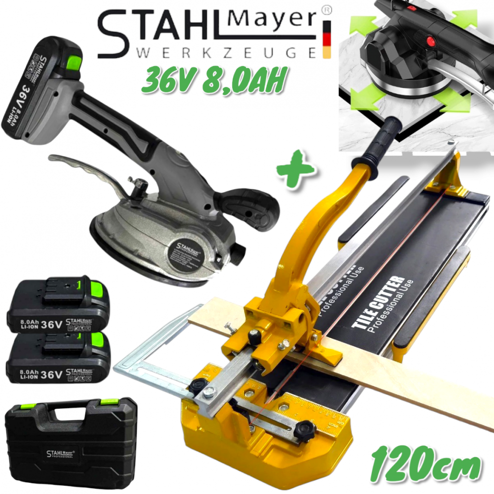 ПРОМО Машина за Рязане на Плочки 120см + Акумулаторна Вендуза за Плочки 36V 8,0AH STAHLMAYER Теракотмашина 1200мм