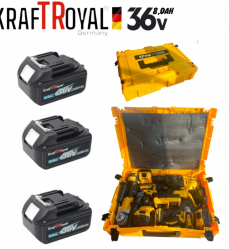 Акумулаторен перфоратор, ъглошлайф 125ММ, гайковерт и винтоверт KraftRoyal 36V с 3 бр. батерии 8AH в куфар и зарядно
