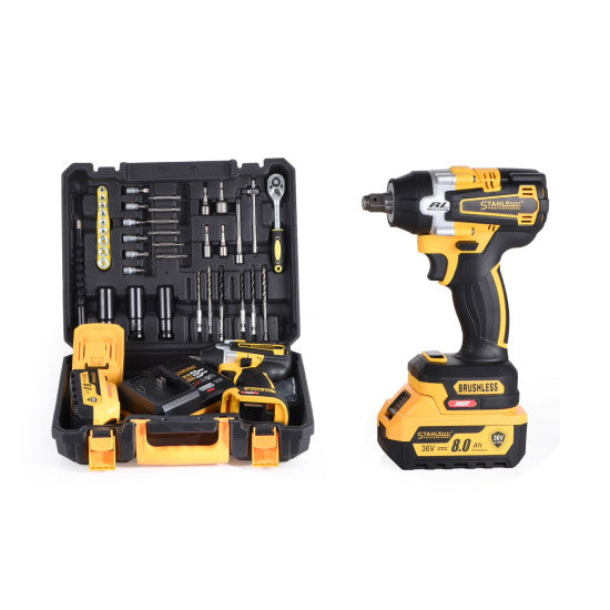 АКУМУЛАТОРЕН УДАРЕН ГАЙКОВЕРТ НА 1/2 И ИМПАКТ. 2V1 STAHLMAYER 36V – 850NM. + 40 ЧАСТИ ИНСТРУМЕНТИ