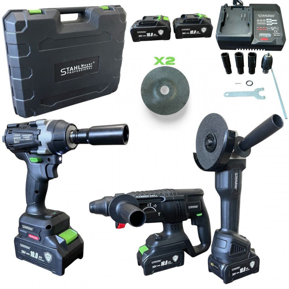 Акумулаторен комплект 5в1 , гайковерт , винтоверт , ъглошлайф , перфоратор , LED лампа - 36v 10.0A STAHLMAYER BLACK PRO