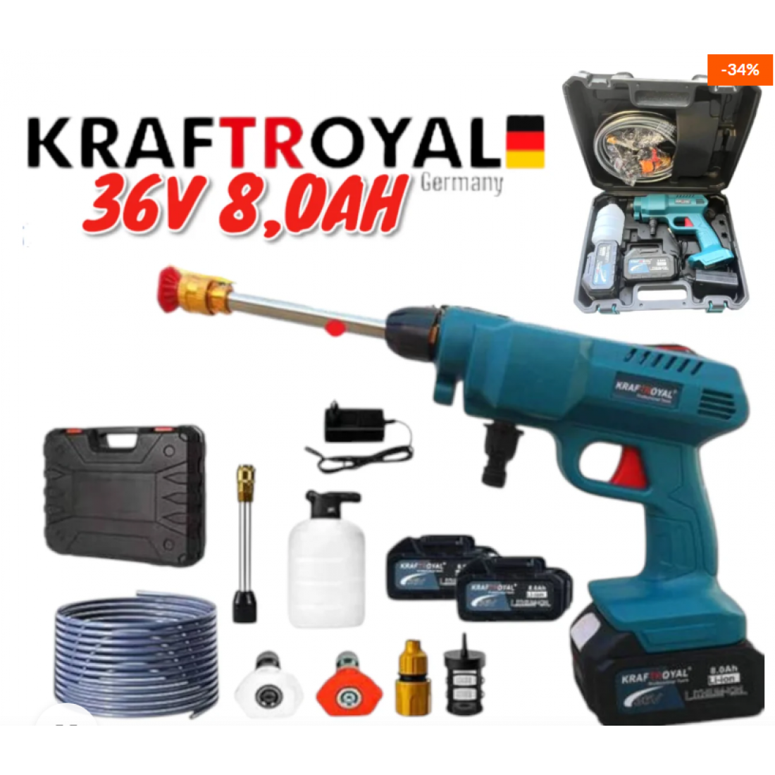 Акумулаторна водоструйка 25 бара, Батерия 36 V KraftRoyal