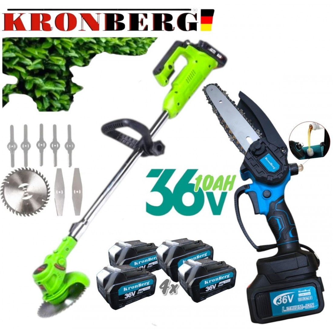 РЕЗАЧКА ЗА КЛОНИ И АКУМУЛАТОРЕН ТРИМЕР ХРАСТОРЕЗ 2в1 ПРОМО ТРИОН С Автоматично Омасляване на веригата казанче за масло и КОСАЧКА ЗА ТРЕВА 36V 10AH KRONBERG 4 Батерии