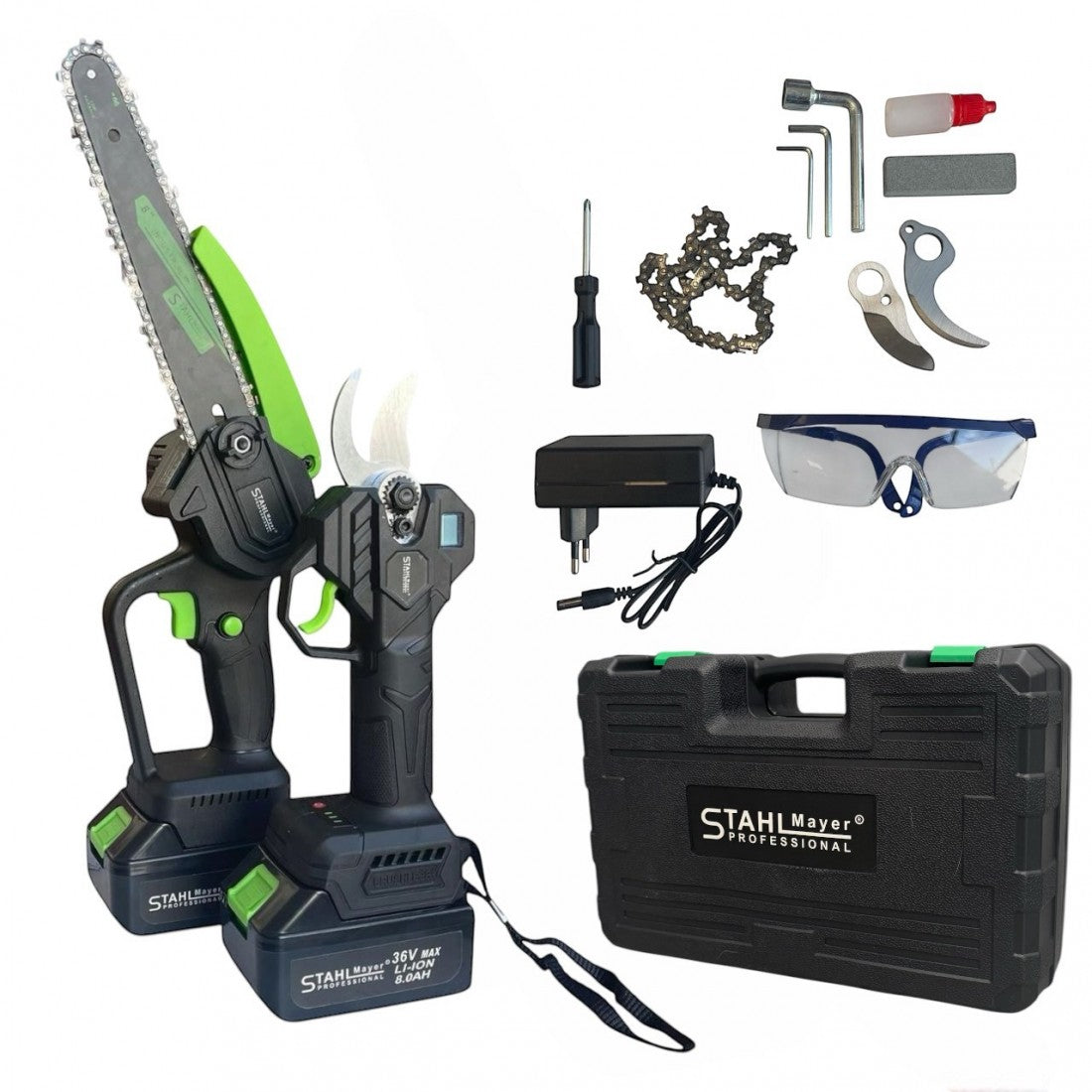 2в1 Акумулаторна Лозарска Ножица и Трион с Омасляване 36V 8AH STAHLMAYER BLACK