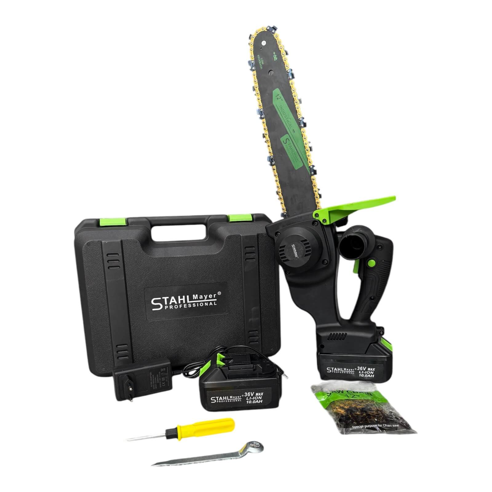 Акумулаторна резачка STAHLMAYER BLACK 36V 10Ah с две батерии и 2 вериги – 35см шина