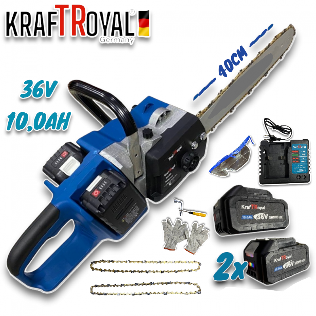Акумулаторна Резачка за Дърва 36V 10Ah+ 2 Батерии KraftRoyal