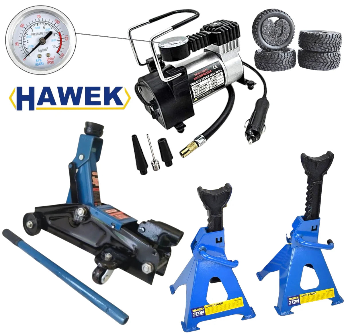 ПРОМО Компресор за Гуми + Крик 2 тона 135-320мм + Подпорни Стойки 3 тона 290-420мм HAWEK 3в1