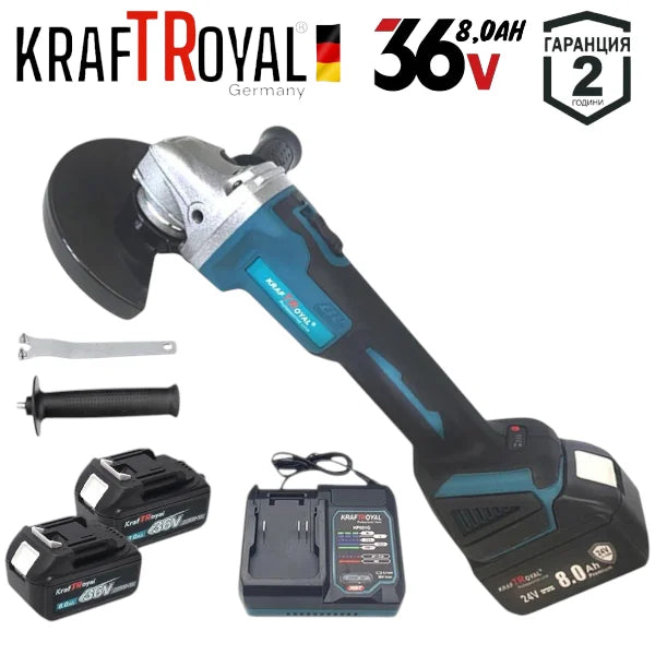 Акумулаторна Прожектор Лампа USB Перфоратор Винтоверт Гайковерт-Импакт и Ъглошлайф 36V 8,0AH KRAFTROYAL Комплект 5в1 с 3 Батерии