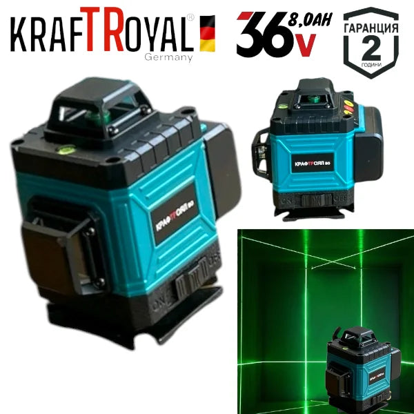 Акумулаторен Лазерен Нивелир Перфоратор Винтоверт Гайковерт-Импакт и Ъглошлайф 36V 8,0AH KRAFTROYAL Комплект 5в1 с 3 Батерии
