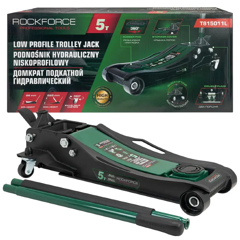Професионален хидравличен крик „Крокодил“ ROCKFORCE 5T, нископрофилен, с педал и двойна помпа (96–595 мм)