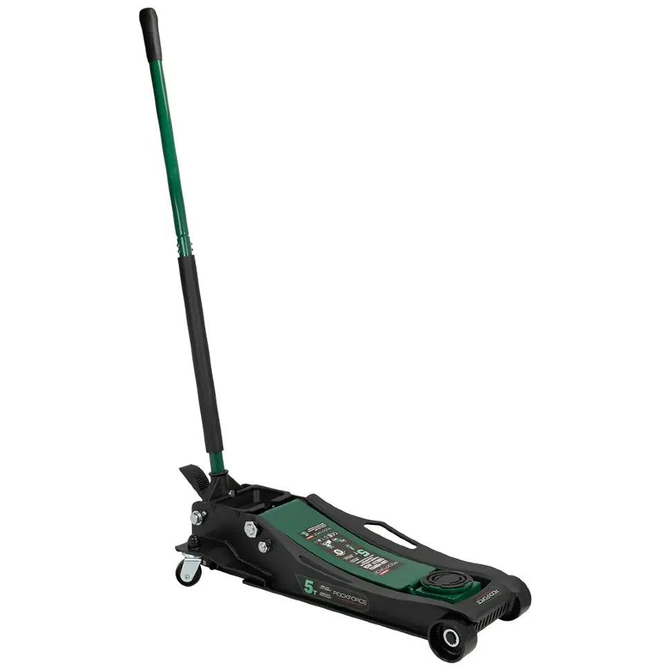 Професионален хидравличен крик „Крокодил“ ROCKFORCE 5T, нископрофилен, с педал и двойна помпа (96–595 мм)