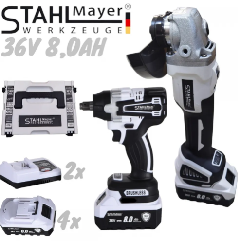 2В1 АКУМУЛАТОРЕН ЪГЛОШЛАЙФ 125ММ И БЕЗЖИЧЕН ГАЙКОВЕРТ-ВИНТОВЕРТ БЕЗЧЕТКОВ УДАРЕН 36V 8,0AH STAHLMAYER 4X БАТЕРИЯ 2 ЗАРЯДНО В КУФАР РАКЕТА