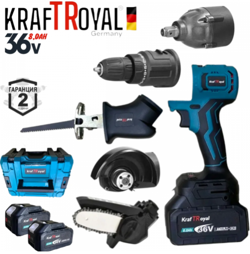 Мултифункционален Инструмент 5 Сменяеми Глави Винтоверт Гайковерт Саблен Трион Резачка за Клони и Ъглошлайф KRAFTROYAL 36V 8,0AH 5в1