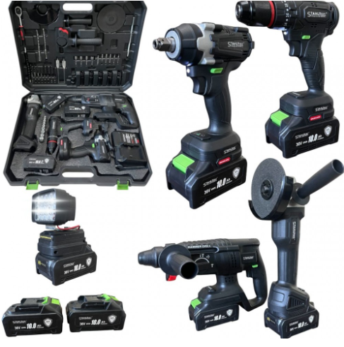 Акумулаторен комплект 5в1 , гайковерт , винтоверт , ъглошлайф , перфоратор , LED лампа - 36v 10.0A STAHLMAYER BLACK PRO
