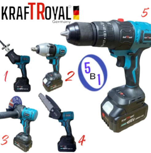 Мултифункционален Инструмент 5 Сменяеми Глави Винтоверт Гайковерт Саблен Трион Резачка за Клони и Ъглошлайф KRAFTROYAL 36V 8,0AH 5в1
