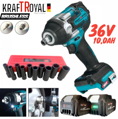 Акумулаторен Комбиниран Гайковерт / Импакт Безжичен Акумулаторен Безчетков KRAFT ROYAL 36V 8.0AH 2 Броя Батерия + 10 броя Удължени Ковани Вложки 10-24мм
