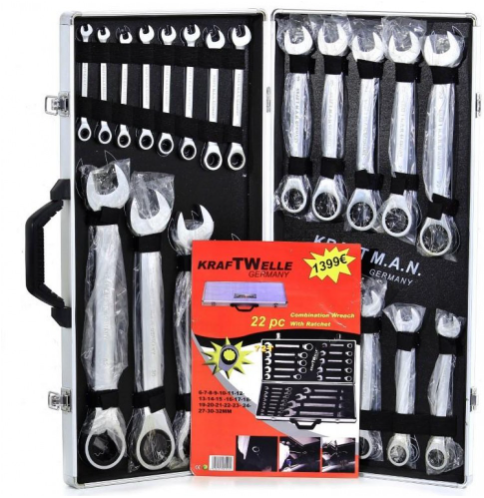 К-т звездогаечни прави тресчотни ключове от 6мм до 32мм 22 части в метален куфар KRAFTWELLE