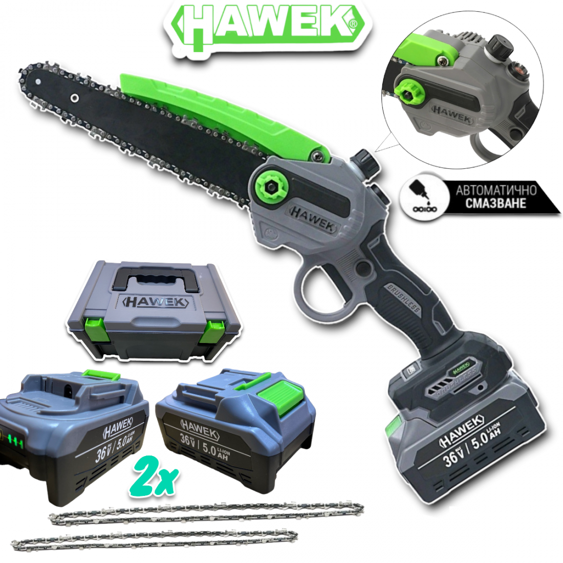 2в1 Акумулаторна Лозарска Ножица и Трион за Клони (Безжична Резачка ) с Автоматично Смазване на Веригата HAWEK 4x Батерии
