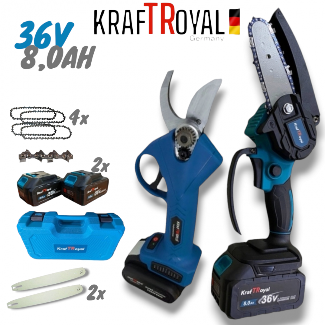 Акумулаторна Лозарска Ножица и Трион за Клони Безчеткова Резачка 4 Вериги 20см 2 Шини 36V 8AH KRAFT ROYAL 2в1