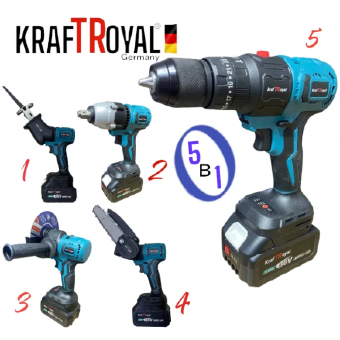 Мултифункционален Инструмент 5 Сменяеми Глави Винтоверт Гайковерт Саблен Трион Резачка за Клони и Ъглошлайф KRAFTROYAL 36V 8,0AH 5в1