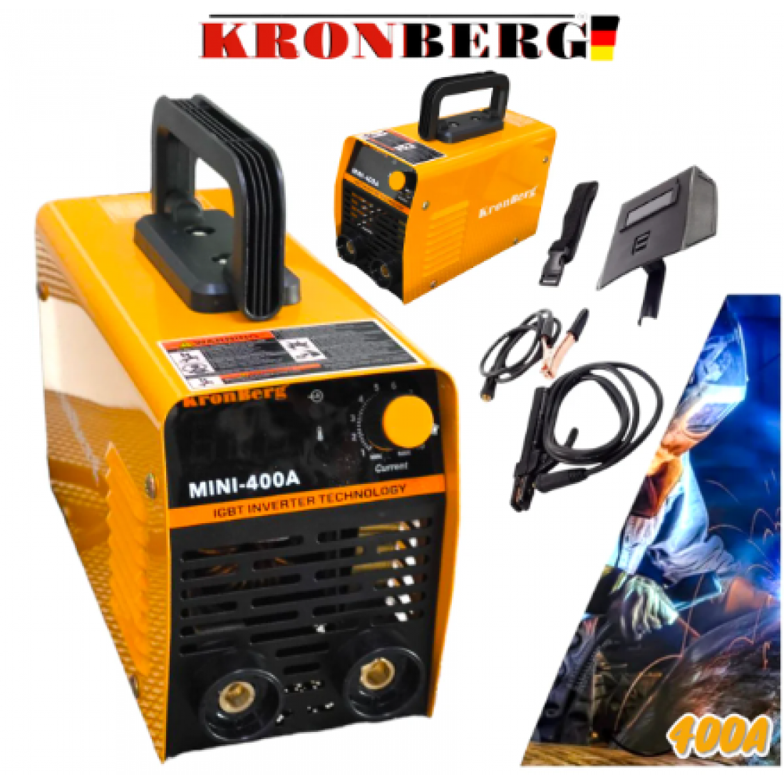 ЕЛЕКТРОЖЕН ИНВЕРТОРЕН 400А С ДИСПЛЕЙ KRONBERG IGBN INVERTER до 5мм Заваряване Заваръчен Апарат + МАСКА ЧУКЧЕТА И ЧЕТКИ КОМПЛЕКТ 2025г.