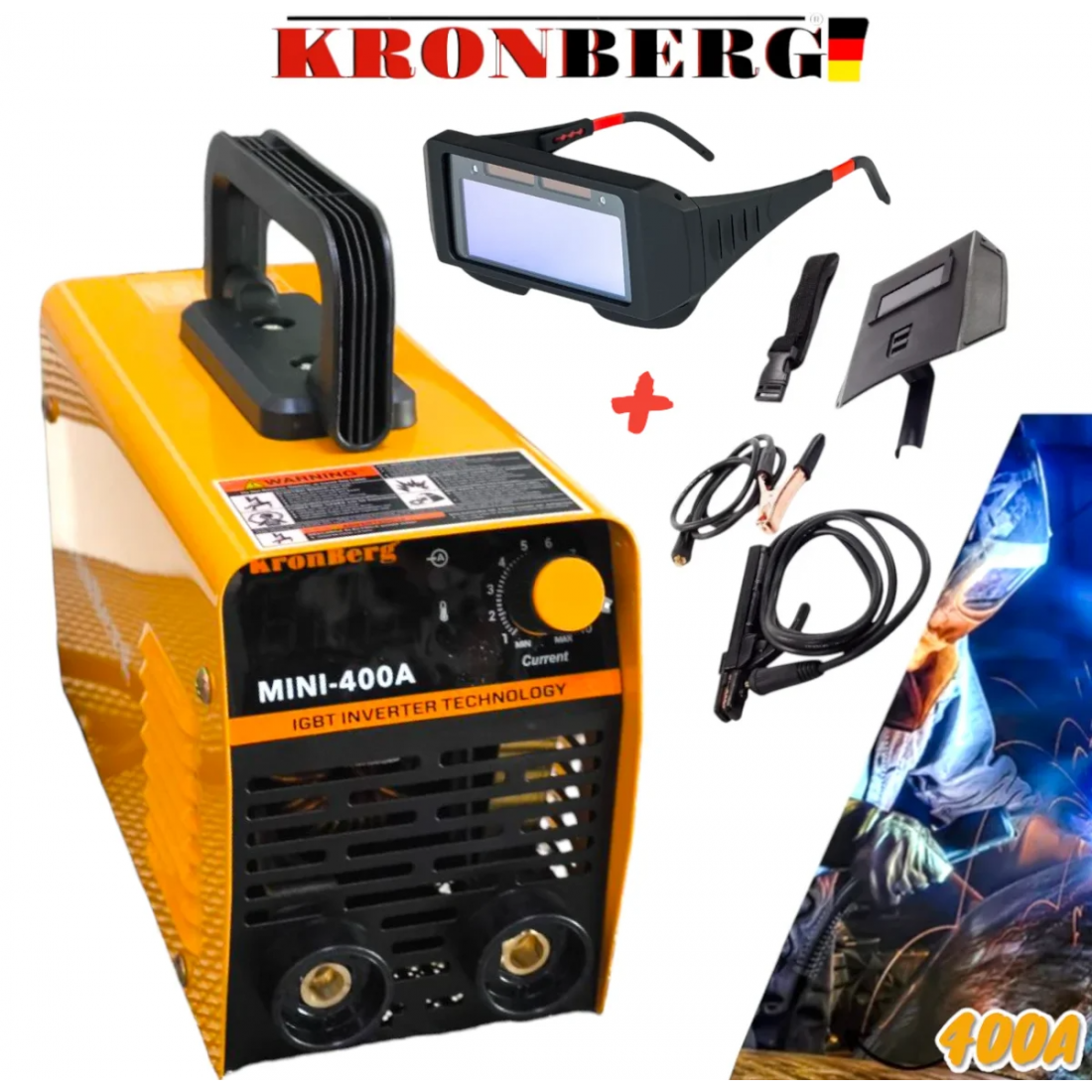 ЕЛЕКТРОЖЕН ИНВЕРТОРЕН 400А С ДИСПЛЕЙ KRONBERG IGBN INVERTER до 5мм Заваряване Заваръчен Апарат + Соларни Очила за Заваряване 2025г.