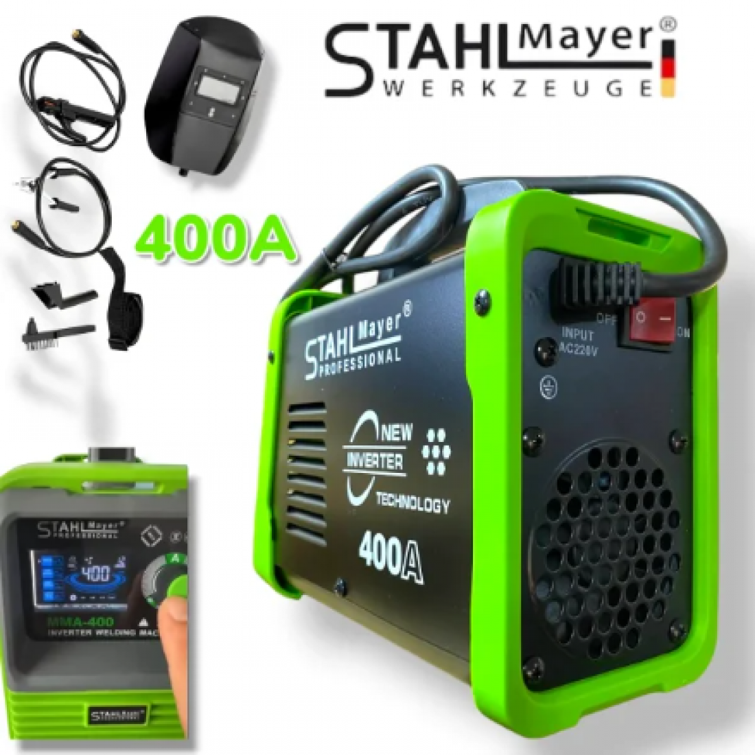 Електрожен Инверторен с LCD Дисплей 400А STAHLMAYER + Подарък Соларна Маска Шлем модел: 2025г.