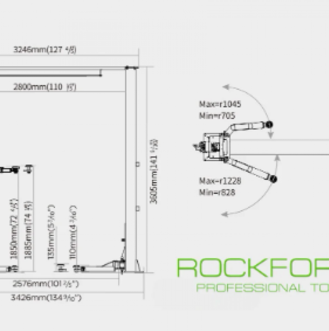 ПОДЕМНИК ДВУКОЛОНЕН ЕЛЕКТРОХИДРАВЛИЧЕН 4 ТОНА с горна синхронизация 110 – 1885мм ROCKFORCE