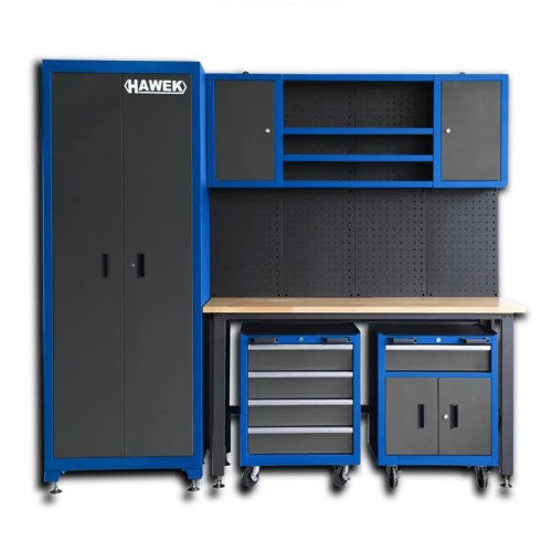 Комплект работна маса, шкафове и сервизни колички – метални HAWEK