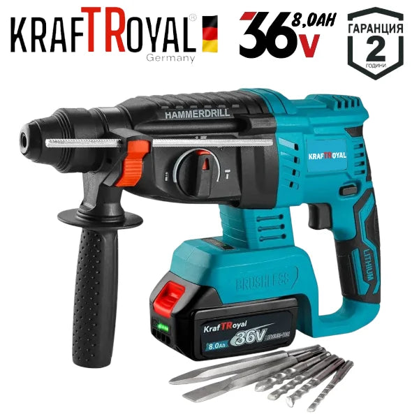 Акумулаторен Лазерен Нивелир Перфоратор Винтоверт Гайковерт-Импакт и Ъглошлайф 36V 8,0AH KRAFTROYAL Комплект 5в1 с 3 Батерии