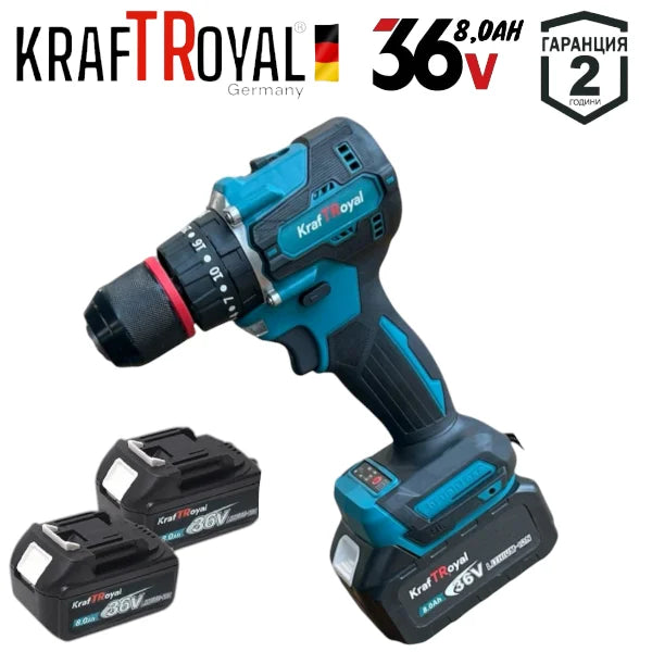 Акумулаторна Прожектор Лампа USB Перфоратор Винтоверт Гайковерт-Импакт и Ъглошлайф 36V 8,0AH KRAFTROYAL Комплект 5в1 с 3 Батерии