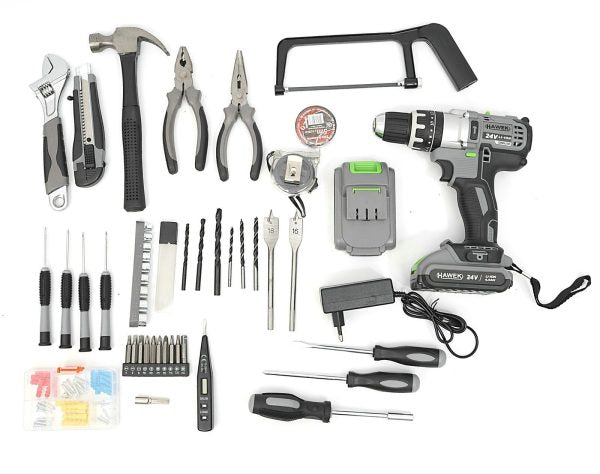 Акумулаторен Ударен Винтоверт 24V HAWEK Полша + 111 части Инструменти
