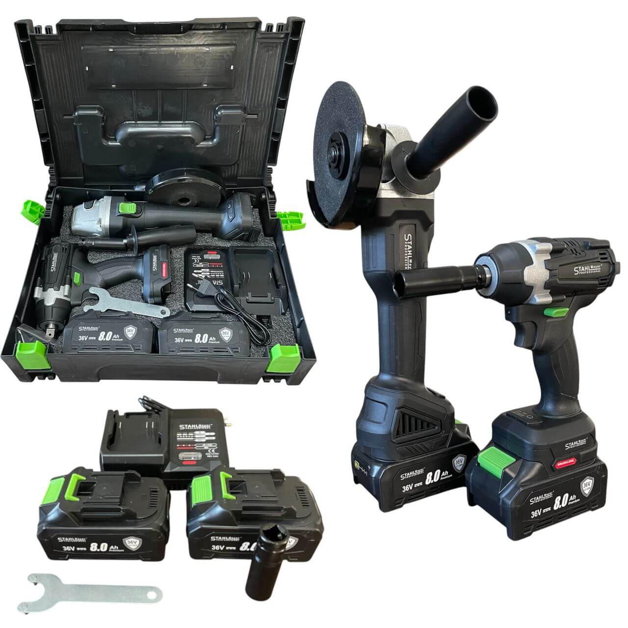 Комплект акумулаторен ъглошлайф и гайковерт 36V 8Ah StahlMayer BLACK PRO