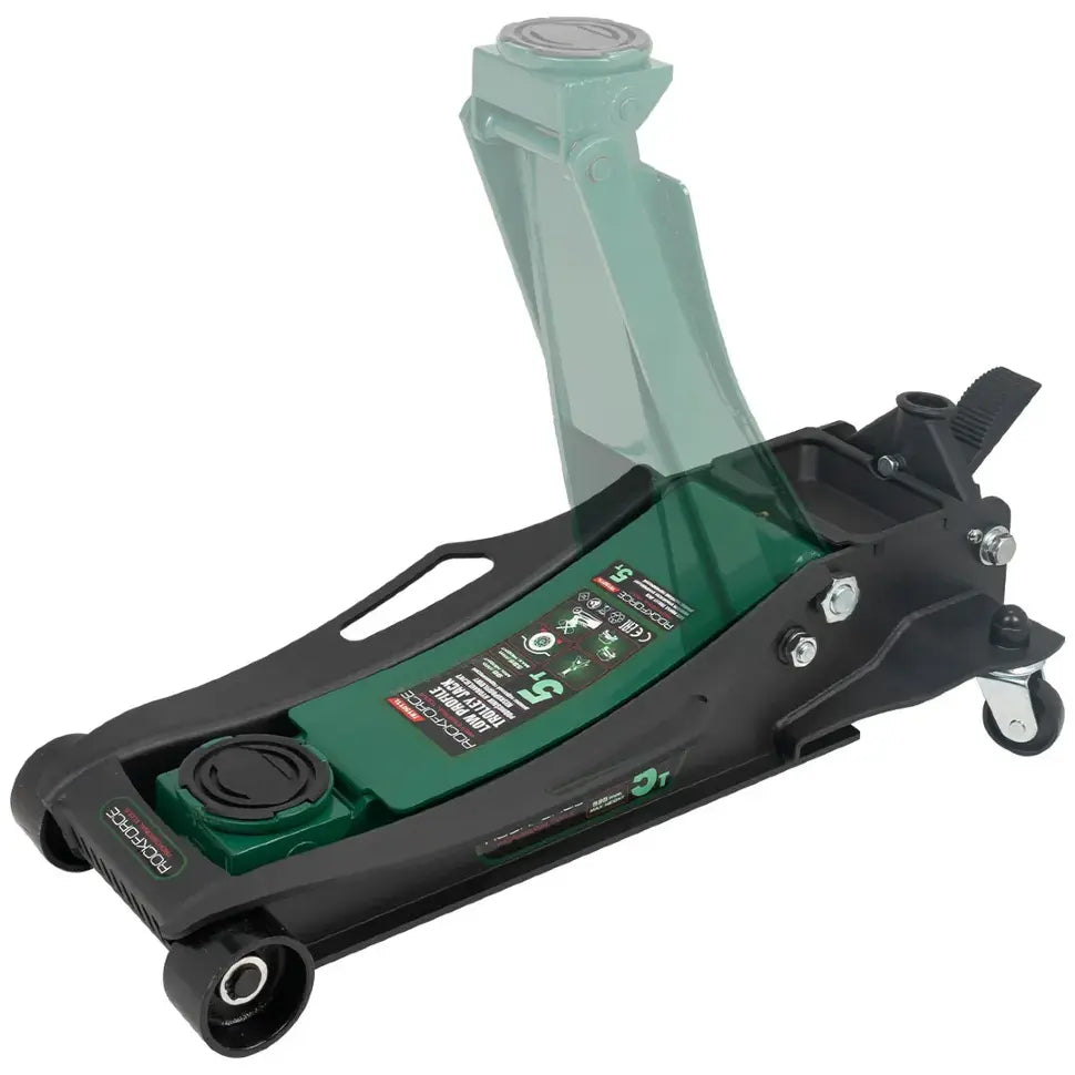 Професионален хидравличен крик „Крокодил“ ROCKFORCE 5T, нископрофилен, с педал и двойна помпа (96–595 мм)