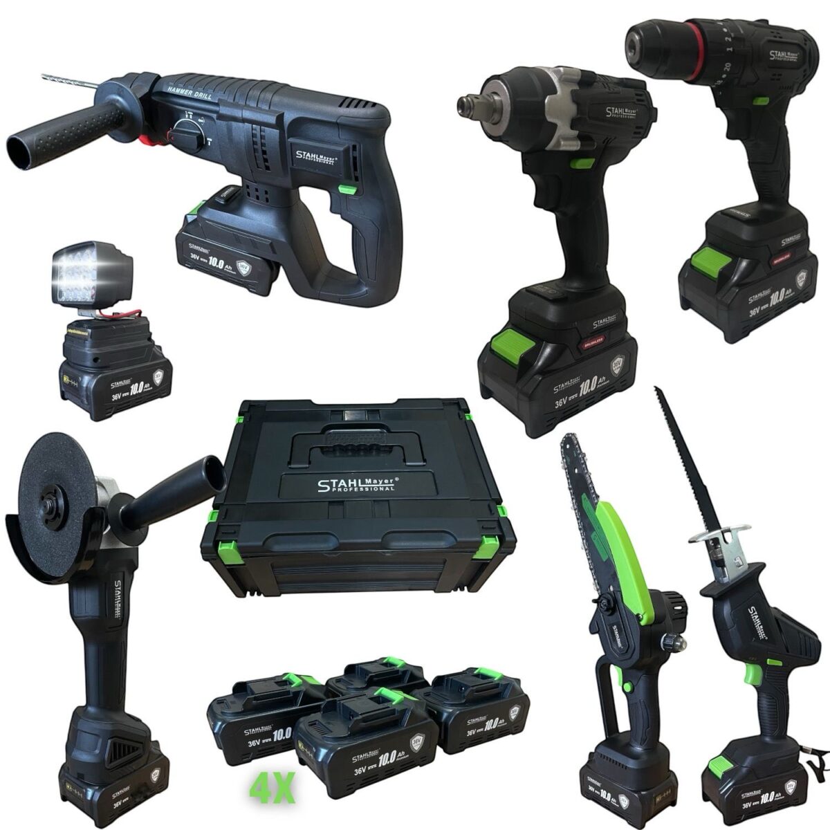 КОМПЛЕКТ 7 В 1 ОТ АКУМУЛАТОРЕН ПЕРФОРАТОР, ВИНТОВЕРТ, ГАЙКОВЕРТ, ЪГЛОШЛАЙФ, САБЛЕН ТРИОН , РЕЗАЧКА С ОМАСЛЯВАНЕ И LED ЛАМПА 36V 10AH - С 4 БАТЕРИИ И ЧАСТИ В КУФАР STAHLMAYER BLACK