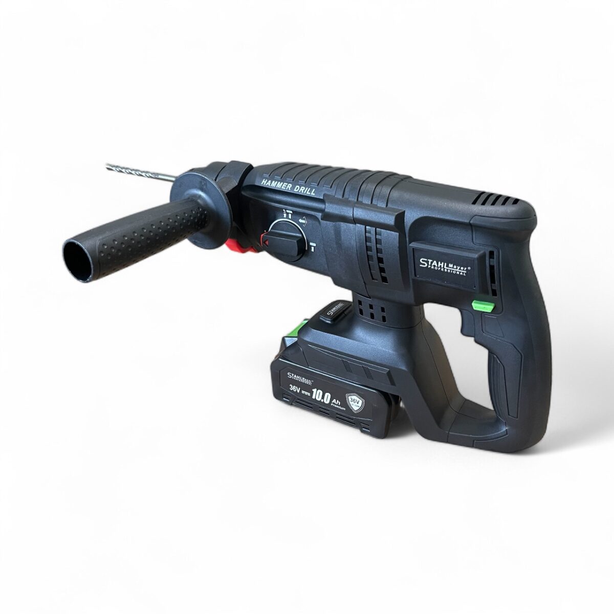 КОМПЛЕКТ 7 В 1 ОТ АКУМУЛАТОРЕН ПЕРФОРАТОР, ВИНТОВЕРТ, ГАЙКОВЕРТ, ЪГЛОШЛАЙФ, САБЛЕН ТРИОН , РЕЗАЧКА С ОМАСЛЯВАНЕ И LED ЛАМПА 36V 10AH - С 4 БАТЕРИИ И ЧАСТИ В КУФАР STAHLMAYER BLACK